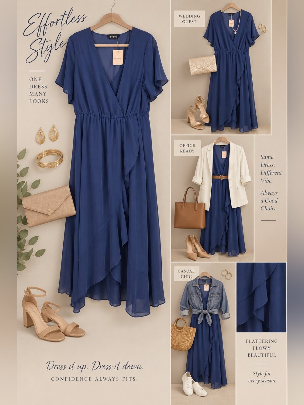 BloomChic NWT Size 12 Navy Blue Ruffle Wrap Maxi Dress Wedding Guest